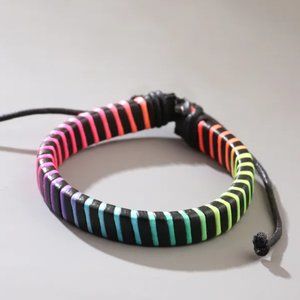 Unisex Black PU Leather & Colorful Rainbow Pride Rope Adjustable Bracelet NEW